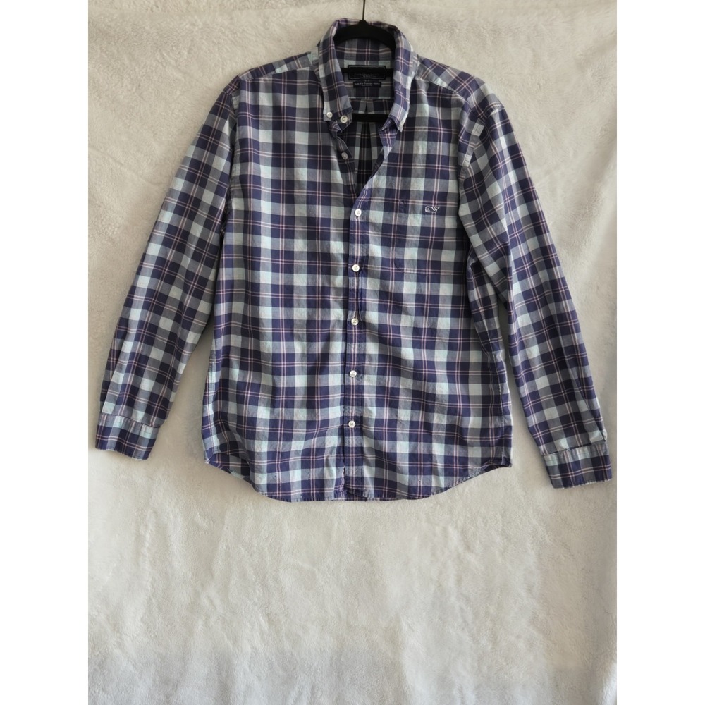 Vineyard Vines Mens Large Blue/Pink Plaid Button Down Shirt Long Sleeve Slim Fit